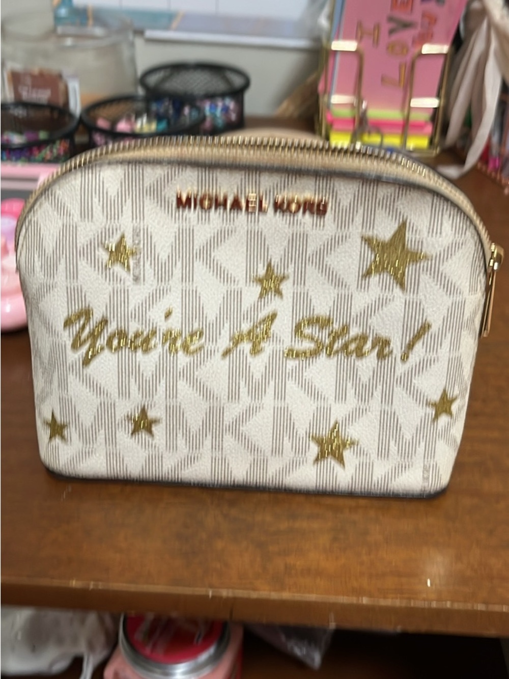Michael Kors Beige Logo Cosmetic Pouch with Gold Hardware